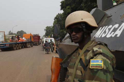 African peace keeping soldiers escort a humanitarian convoy in Bangui