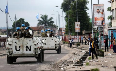 Peacekeepers serving in the United Nations Organization Stabilization Mission in the Democratic Republic of the Congo (MONUSCO) patrol in their armoured personnel carrier during demonstrations against Congolese President Joseph Kabila in the streets of the Democratic Republic of Congo's capital Kinshasa, December 20, 2016. PHOTO BY REUTERS/Thomas Mukoya