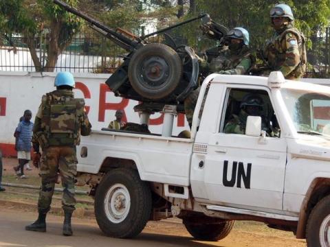 U.N. peacekeepers take a break as they patrol along a street during the presidential election in Bangui, the capital of Central African Republic, December 30, 2015. PHOTO BY REUTERS/Media Coulibaly