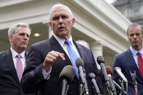 U.S. Vice President Mike Pence speaks to the news media outside the West Wing with House Minority Leader Kevin McCarthy (R-CA) and Sen. John Thune (R-SD) after a meeting with President Donald Trump and congressional leadership about the partial government shutdown at the White House in Washington, U.S., January 9, 2019. PHOTO BY REUTERS/Joshua Roberts