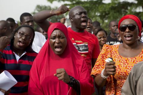 People demand for the release of 200 secondary school girls abducted in the remote village of Chibok, during a protest at Unity Park in Abuja