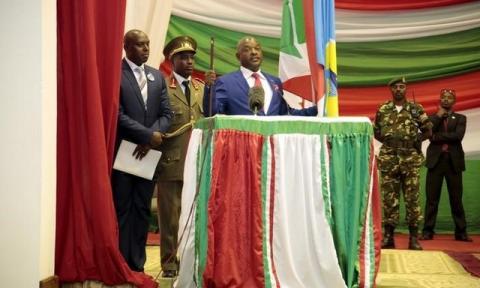 Burundi's President President Pierre Nkurunziza delivers his speech after being sworn-in for a third term following his re-election at the Congress Palace in Kigobe district, Bujumbura, August 20, 2015. PHOTO BY REUTERS/Evrard Ngendakumana