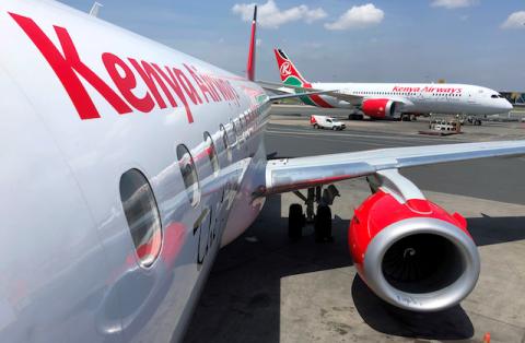 Kenya Airways planes are seen parked at the Jomo Kenyatta International Airport near Nairobi, Kenya, November 6, 2019. PHOTO BY REUTERS/Thomas Mukoya