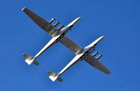 The world's largest airplane, built by the late Paul Allen's company Stratolaunch Systems, makes its first test flight in Mojave, California, U.S., April 13, 2019. PHOTO BY REUTERS/Gene Blevins