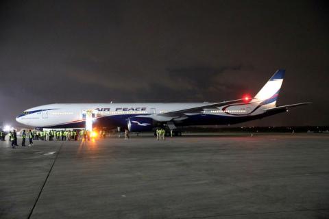 Air Peace Boeing 777-300 aircarft at Lagos airport, Nigeria, September 11, 2019. PHOTO BY REUTERS/Temilade Adelaja