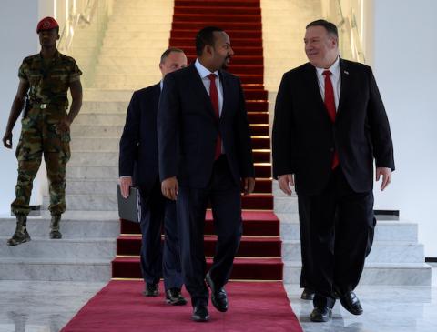 U.S. Secretary of State Mike Pompeo walks with Ethiopian Prime Minister Abiy Ahmed at the Prime Minister office after a meeting in Addis Ababa, Ethiopia, February 18, 2020. PHOTO BY REUTERS/Andrew Caballero-Reynolds/Pool 