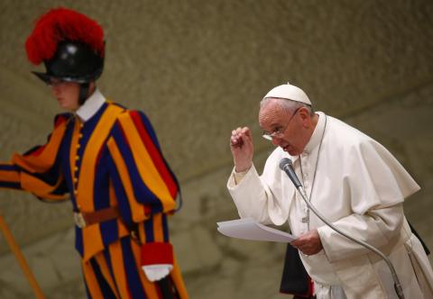 Pope Francis delivers his speech during a special audience with members of the confederation of Italian cooperatives in Paul VI hall at the Vatican, February 28, 2015. PHOTO BY REUTERS/Tony Gentile