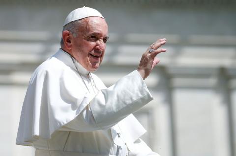 Pope Francis waves after his weekly general audience at the Vatican, April 24, 2019. PHOTO BY REUTERS/Yara Nardi