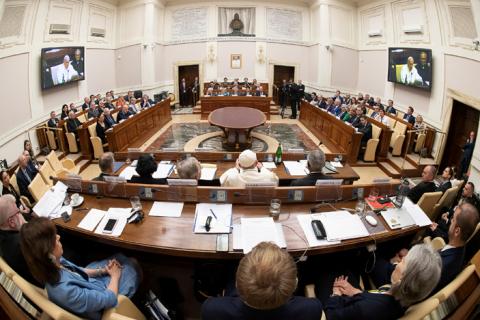 Pope Francis addresses energy representatives at the end of a two-day meeting at the Academy of Sciences, at the Vatican, June 14, 2019. PHOTO BY REUTERS/Vatican Media