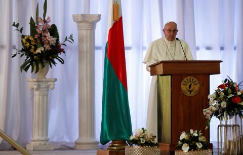 Pope Francis gives a speech during his meeting with government authorities, leaders of civil society and the diplomatic corps in the Ceremony Building in Antananarivo, Madagascar, September 7, 2019. PHOTO BY REUTERS/Yara Nardi