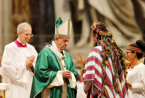 Pope Francis leads a Mass to close a three-week synod of Amazonian bishops at the Vatican, October 27, 2019. PHOTO BY REUTERS/Remo Casilli