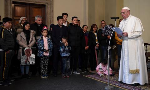 Pope Francis delivers a speech during an audience with refugees arriving from Lesbos at the Vatican, December 19, 2019. PHOTO BY REUTERS/ANSA/ETTORE FERRARI