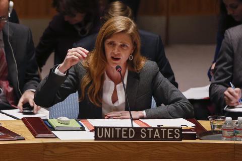 U.S. Ambassador to the United Nations Samantha Power speaks during a Security Council meeting on the crisis in Ukraine, at the U.N. headquarters in New York