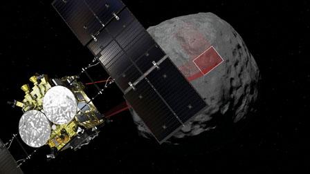 A computer graphic handout image shows Japan Aerospace Exploration Agency's Hayabusa 2 probe arrives to asteroid Ryugu, in this image released by Japan Aerospace Exploration Agency and obtained by Reuters on February 22, 2019. PHOTO BY REUTERS/Japan Aerospace Exploration Agency (JAXA)