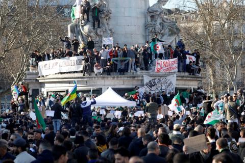 Demonstrators gather around the Monument to the Republic during a protest against President Abdelaziz Bouteflika seeking a fifth term in a presidential election set for April 18, in Paris, France, February 24, 2019. PHOTO BY REUTERS/Charles Platiau