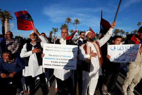 Libyans chant slogans against General Khalifa Haftar from Libyan National Army during a protest in Tripoli, Libya, March 8, 2019. PHOTO BY REUTERS/Ismail Zitouny