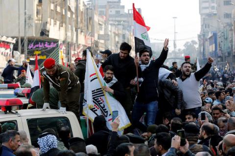 Mourners gesture as they attend the funeral of the Iranian Major-General Qassem Soleimani, top commander of the elite Quds Force of the Revolutionary Guards, and the Iraqi militia commander Abu Mahdi al-Muhandis, who were killed in an air strike at Baghdad airport, in Baghdad, Iraq, January 4, 2020. PHOTO BY REUTERS/Wissm al-Okili