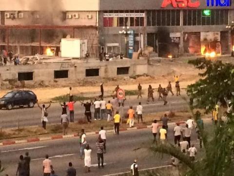 Soldiers patrol a street near opposition campaign headquarters after the election in Libreville, Gabon, August 31, 2016. PHOTO BY REUTERS/Life Africa TV