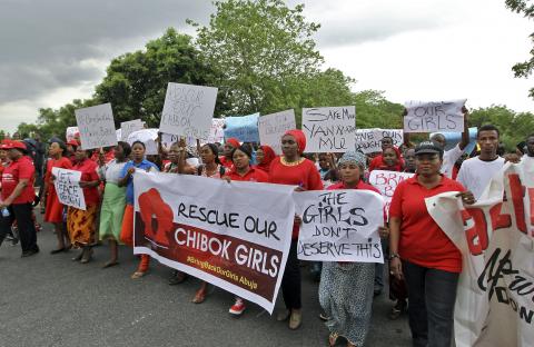 Members of various civil society organisations (CSOs) protest against the delay in securing the release of the abducted schoolgirls who were kidnapped, in Abuja