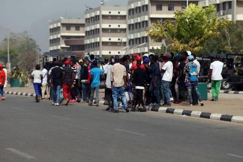 Anti-South African protesters are seen gathered at the Foreign Affairs Ministry in Abuja, Nigeria, February 23, 2017. PHOTO BY REUTERS/Afolabi Sotunde