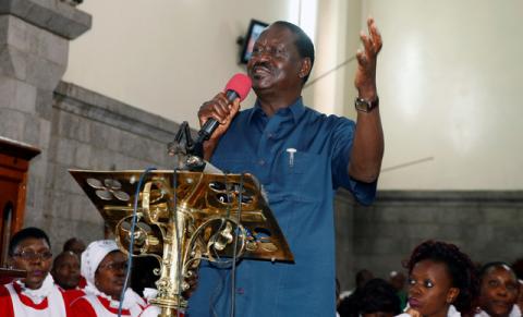 Kenyan opposition leader Raila Odinga, of the National Super Alliance (NASA) coalition, speaks during a church service inside the St. Stephen's cathedral in Nairobi, Kenya, September 3, 2017. PHOTO BY REUTERS/Thomas Mukoya