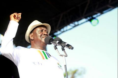 Kenyan opposition leader Raila Odinga, the presidential candidate of the National Super Alliance (NASA) coalition addresses supporters during a rally in Mombasa, Kenya, October 15, 2017. PHOTO BY REUTERS/Joseph Okanga