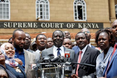 Opposition leader Raila Odinga speaks at a news conference outside the court after President Uhuru Kenyatta's election win was declared invalid in Nairobi, Kenya, September 1, 2017. PHOTO BY REUTERS/Baz Ratner