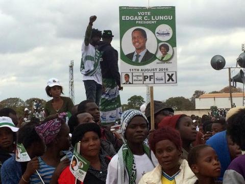 Supporters of Edgar Lungu, leader of the Patriotic Front party (PF), gather during a rally ahead of Thursday's presidential elections in the capital, Lusaka, Zambia, August 10, 2016. PHOTO BY REUTERS/Stella Mapenzauswa