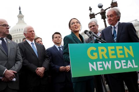 U.S. Representative Alexandria Ocasio-Cortez (D-NY) and Senator Ed Markey (D-MA) hold a news conference for their proposed "Green New Deal" to achieve net-zero greenhouse gas emissions in 10 years, at the U.S. Capitol in Washington, U.S., February 7, 2019. PHOTO BY REUTERS/Jonathan Ernst