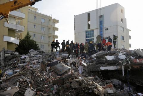 Emergency personnel work on debris of a collapsed building in the town of Durres, following Tuesday's powerful earthquake that shook Albania, November 27, 2019. PHOTO BY REUTERS/Florion Goga