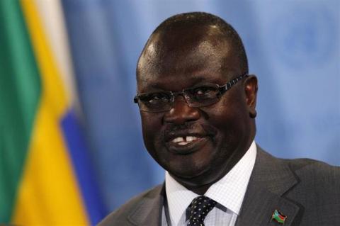 South Sudan's former Vice President Riek Machar Teny-Dhurgon speaks to the media following a United Nations Security Council meeting where the Council unanimously recommended admitting the newly formed nation of South Sudan