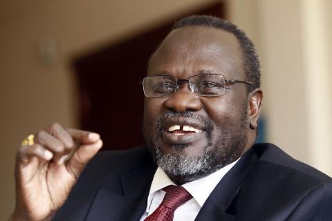 South Sudan's rebel leader Riek Machar speaks during an interview with Reuters in his office in Ethiopia's capital Addis Ababa