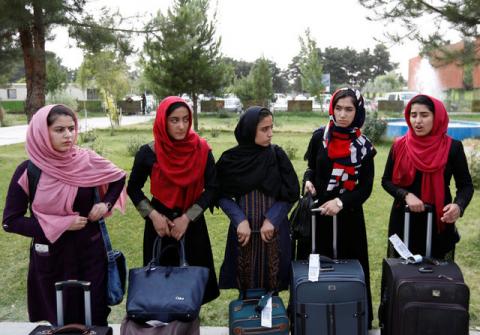 Members of Afghan robotics girls team arrive to receive their visas from the U.S. embassy in Kabul, Afghanistan, July 13, 2017. PHOTO BY REUTERS/Mohammad Ismail