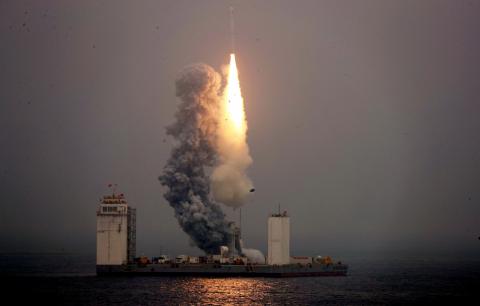 A Long March 11 carrier rocket takes off from a mobile launch platform in the Yellow Sea off Shandong province, China, June 5, 2019. PHOTO BY REUTERS/China Daily 