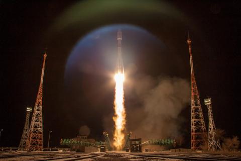 A Soyuz rocket carrying a batch of 34 OneWeb satellites blasts off from a launchpad at the Baikonur Cosmodrome, Kazakhstan, February 7, 2020. PHOTO BY REUTERS/Russian State Space Corporation ROSCOSMOS