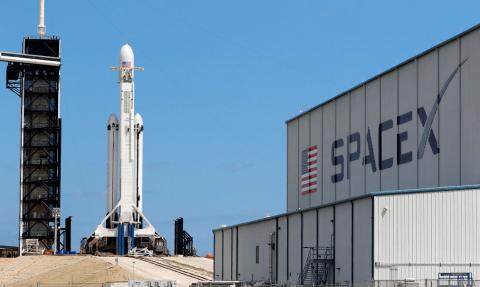 A SpaceX Falcon Heavy rocket with the Arabsat 6A communications satellite aboard is prepared for launch later in the day at the Kennedy Space Center in Cape Canaveral, Florida, U.S., April 10, 2019. PHOTO BY REUTERS/Joe Skipper