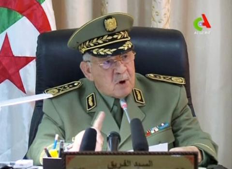 Algeria's army chief of staff Lieutenant General Ahmed Gaed Salah speaks during a meeting in Algiers, Algeria, in this handout still image taken from a TV footage released on April 2, 2019. Canal Algerie /Handout via Reuters