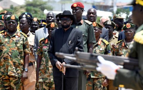 South Sudan's President Salva Kiir arrives to receive the dead body of army chief General James Ajongo Mawut, at Juba airport, South Sudan, April 23, 2018. PHOTO BY REUTERS/Samir Bol