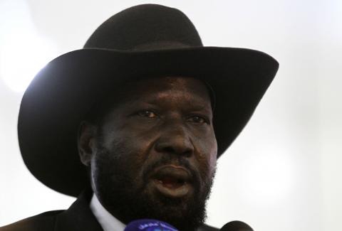 South Sudan's President Salva Kiir speaks during a joint news conference with Sudan's President Omar al-Bashir (not pictured) at Khartoum Airport