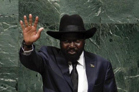 South Sudan's President Salva Kiir gestures before addressing the 69th United Nations General Assembly at the U.N. headquarters in New York, September 27, 2014. PHOTO BY REUTERS/Eduardo Munoz