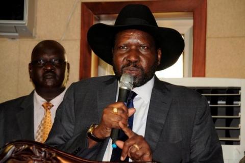 South Sudan's President Salva Kiir addresses delegates during the swearing-in ceremony of First Vice President Taban Deng Gai at the Presidential Palace in Juba, South Sudan, July 26, 2016. PHOTO BY REUTERS/Jok Solomun