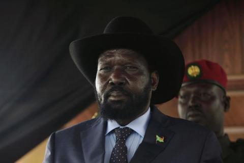 South Sudan's President Salva Kiir stands in front of the late Sudanese liberation hero John Garang's mausoleum at the 31st anniversary of the Sudan People's Liberation Army (SPLA) in Juba