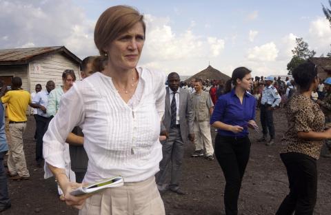 U.S. Ambassador to the United Nations (U.N.) Samantha Power visits the Mugunga III camp for internally displaced people in Goma, eastern Democratic Republic of Congo