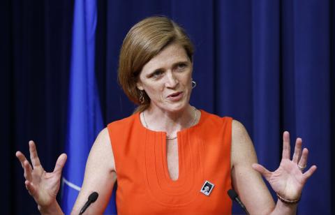 U.S. Ambassador to the UN Samantha Power speaks before she helps unveiling the Harvey Milk Forever Stamp at its dedication ceremony at the White House in Washington