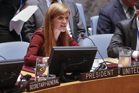 U.S. Ambassador to the U.N. Samantha Power speaks to members of the Security Council during a meeting on the Ebola crisis at U.N. headquarters in New York, September 18, 2014. PHOTO BY REUTERS/Shannon Stapleton