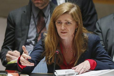 United States Ambassador to the United Nations Samantha Power addresses members of the U.N. Security Council during a meeting about Ukraine situation, at the U.N. headquarters in New York, March 6, 2015. PHOTO BY REUTERS/Eduardo Munoz