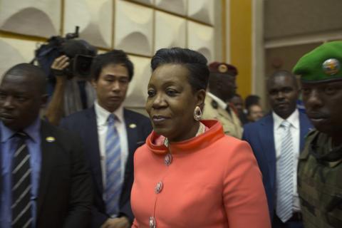 Newly parliamentary-elected interim President of the Central African Republic Catherine Samba-Panza walks into the National Assembly prior to her swearing-in ceremony in the capital Bangui