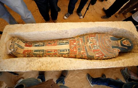 A sarcophagus that was discovered near the King Amenemhat II pyramid is displayed during a presentation, south of Cairo, Egypt, July 13, 2019. PHOTO BY REUTERS/Mohamed Abd El Ghany