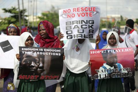 Schoolgirls take part in a protest demanding the release of abducted secondary school girls from the remote village of Chibok, in Lagos