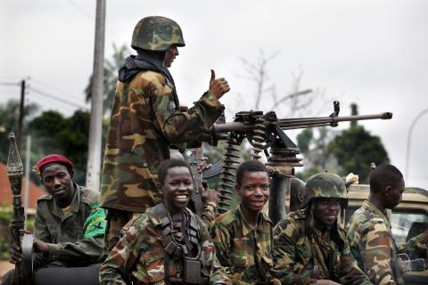 Seleka soldiers sit in a pick-up truck in Bangui, Central African Republic